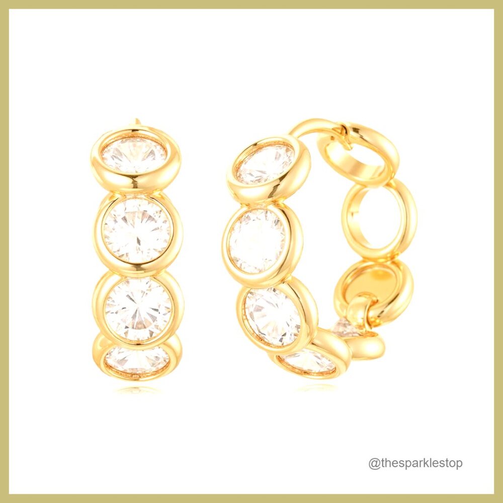 Gold Plated Huggie Hoop Earrings with Cubic Zirconia, Hypoallergenic